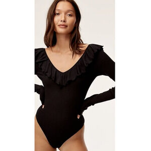 WILFRED Long-sleeve Danette Ribbed Ruffle Plunge Neck Stretch Bodysuit Black S